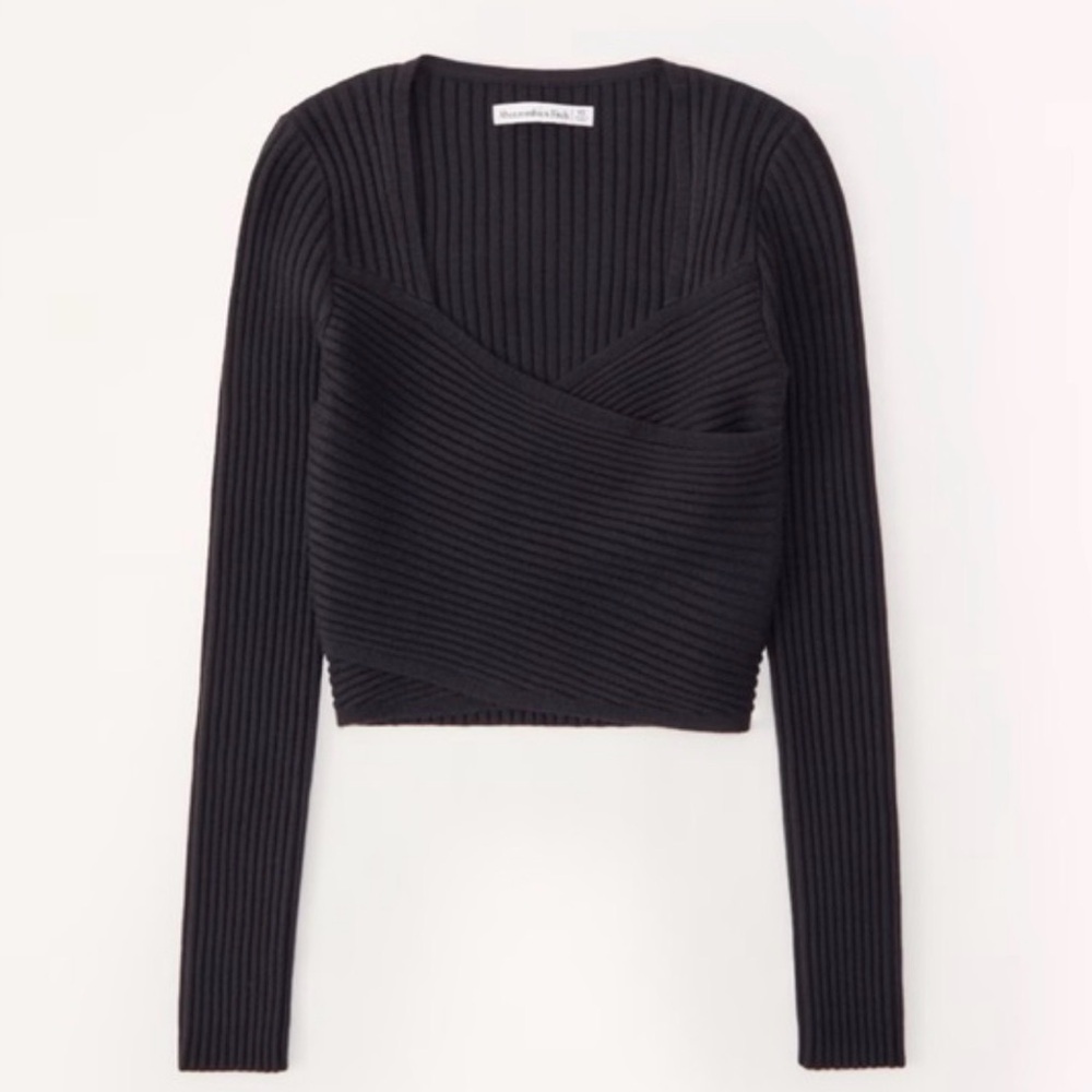 Abercrombie & Fitch Luxe Lofe Black Ribbed Wrap-Front Long Sleeve  Top